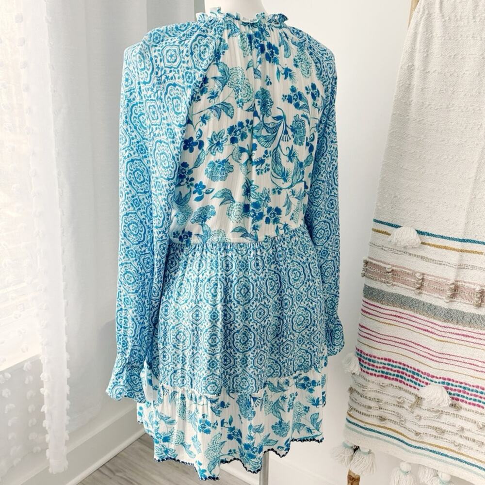 House of Harlow 1960 Blue White Printed Long Sleeves Mini Dress Women’s Large - Picture 4 of 8
